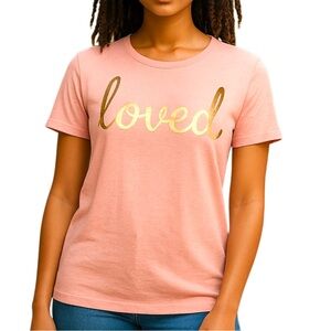 Ocasion T-Shirt with Gold 'Loved' Print Short Sleeve T Shirt Top Womens SZ M